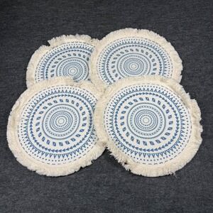 Set of 4 Round Woven Boho placemats Blue Geometric Mandala Fringe Cream Cotton